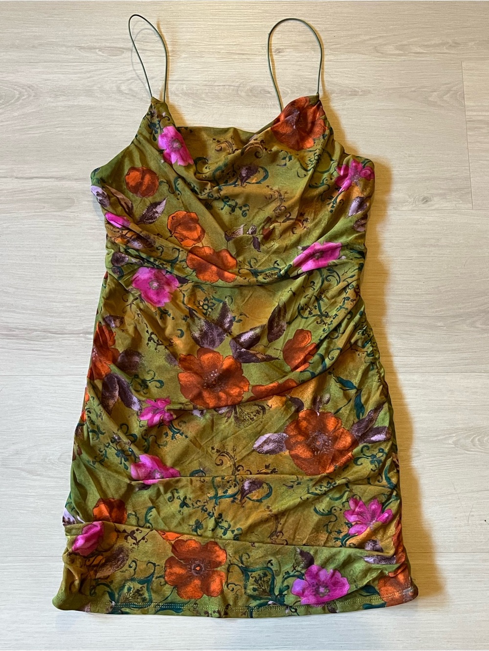 Women's Green Floral Ruched Slip Dress with Pink & Orange Blooms Size M